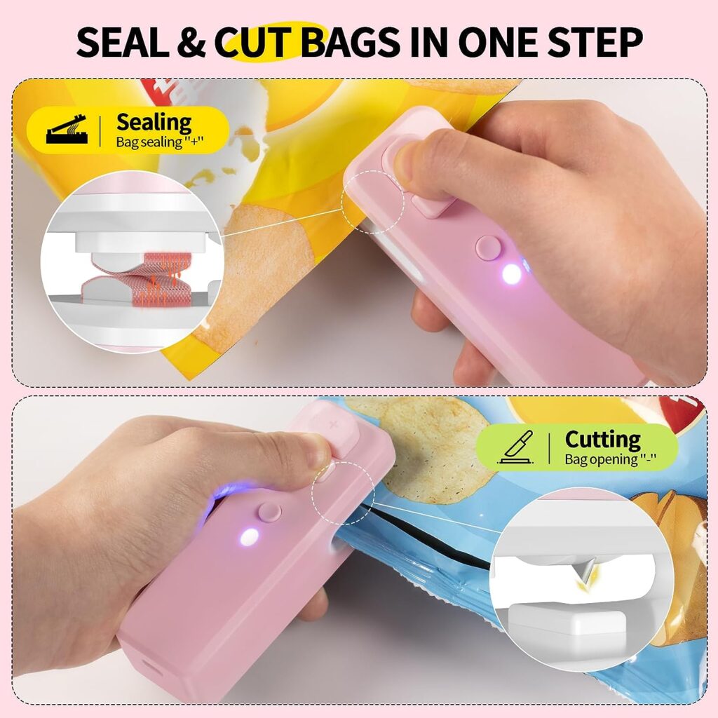 Bag Sealer Mini, 3 in 1 Mini Bag Sealer Heat Seal with Cutter Magnet, Rechargeable Mini Chip Bag Vacuum Sealer Machine for Reseal Plastic Bags Keep Snacks Fresh, Portable Kitchen Gadget (PINK)