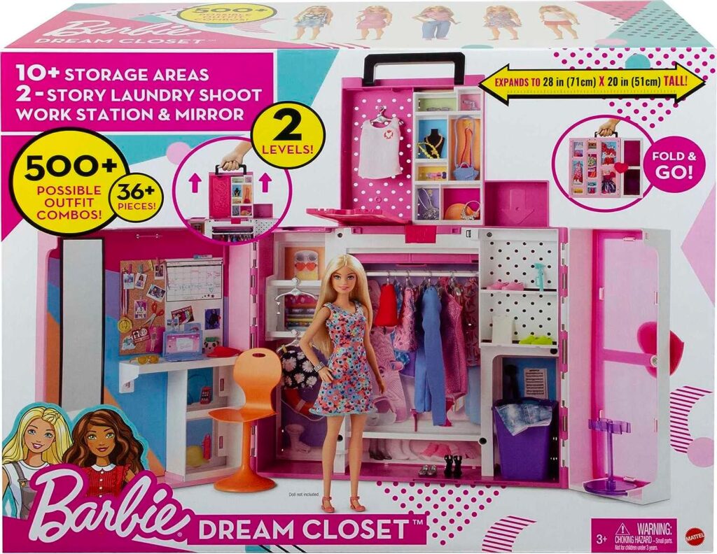 Barbie Dream Closet Playset, 35+ Clothes Accessories Including 5 Complete Looks, Pop-Up Second Level, Mirror Laundry Chute