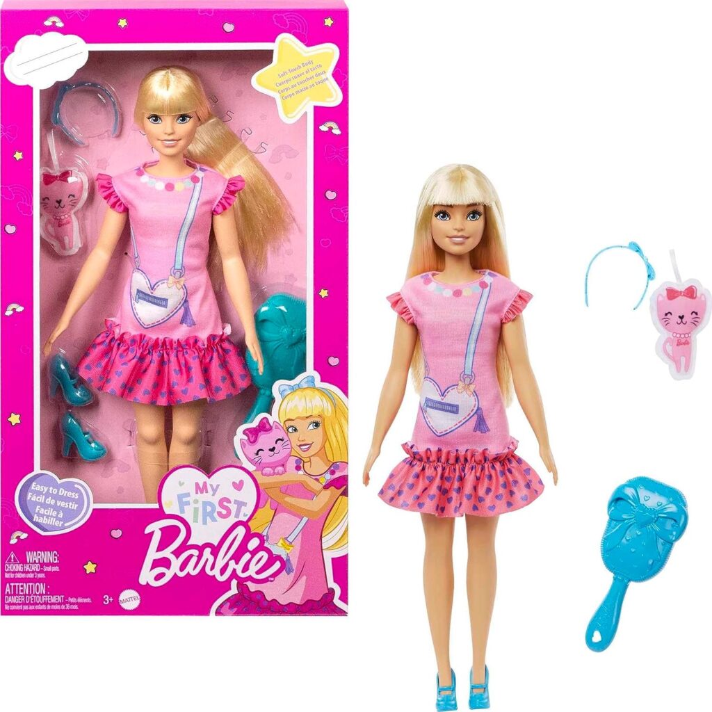 Barbie My First Barbie Preschool Doll, Malibu with 13.5-inch Soft Posable Body Blonde Hair, Plush Kitten Accessories