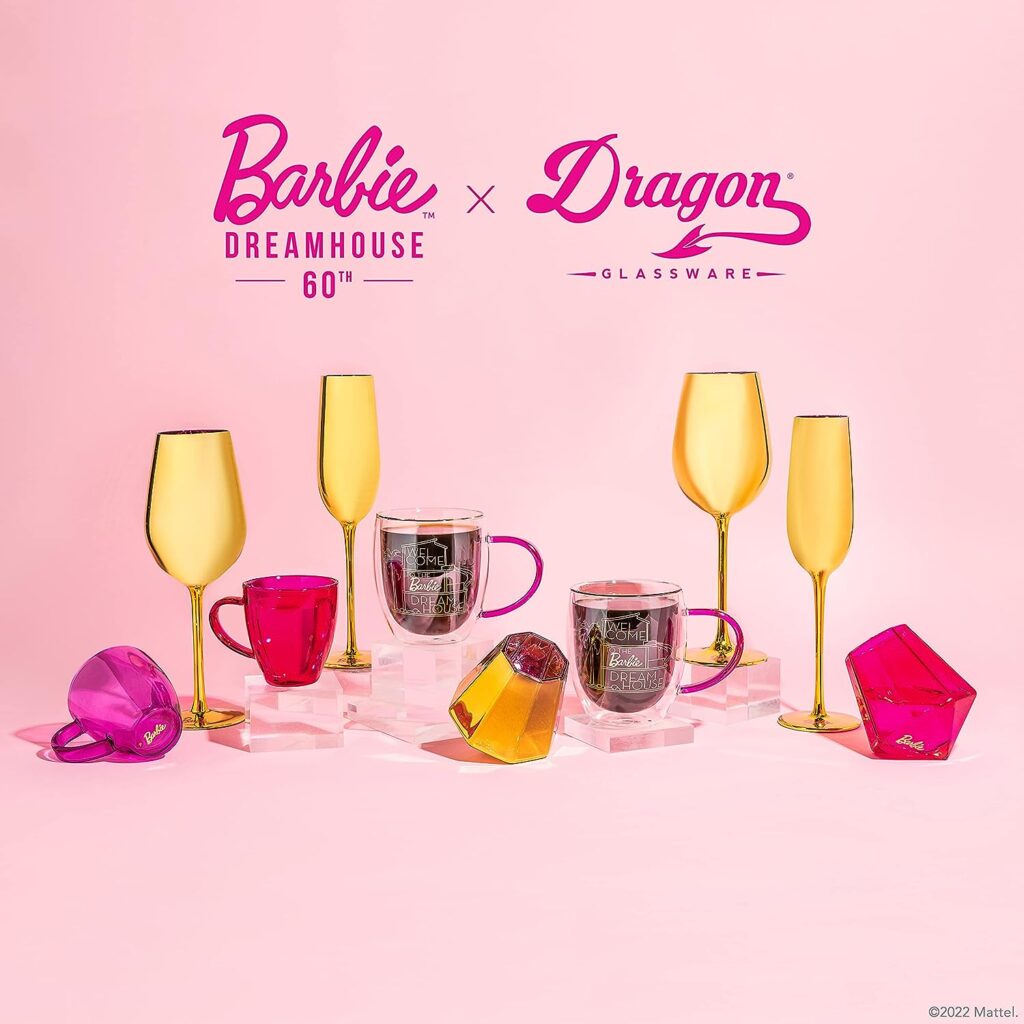 Dragon Glassware Barbie x Whiskey Glasses, Barbie Dreamhouse Collection, Gold and Pink Tumblers, Unique Drinkware for Wine and Bourbon, Naturally Aerates, 10 oz Capacity, Set of 2