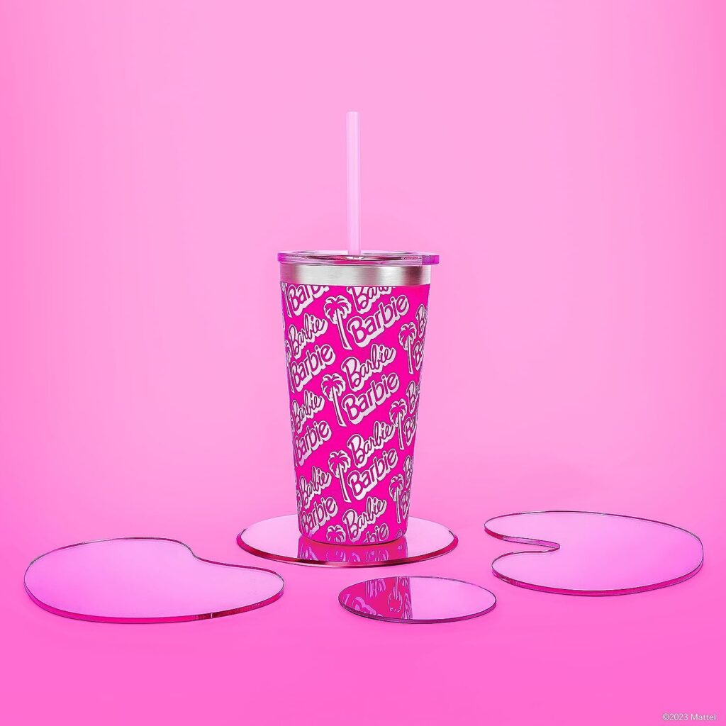 Dragon Glassware x Barbie Tumbler, Stainless Steel Vacuum Insulated Travel Tumbler, Comes with Lid, Pink Clear Straws, Keeps Drinks Hot Or Cold, Dishwasher Safe, Fits in Cup Holders, 16 oz Capacity