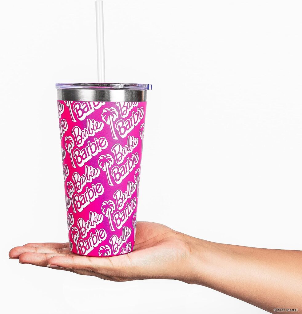 Dragon Glassware x Barbie Tumbler, Stainless Steel Vacuum Insulated Travel Tumbler, Comes with Lid, Pink Clear Straws, Keeps Drinks Hot Or Cold, Dishwasher Safe, Fits in Cup Holders, 16 oz Capacity