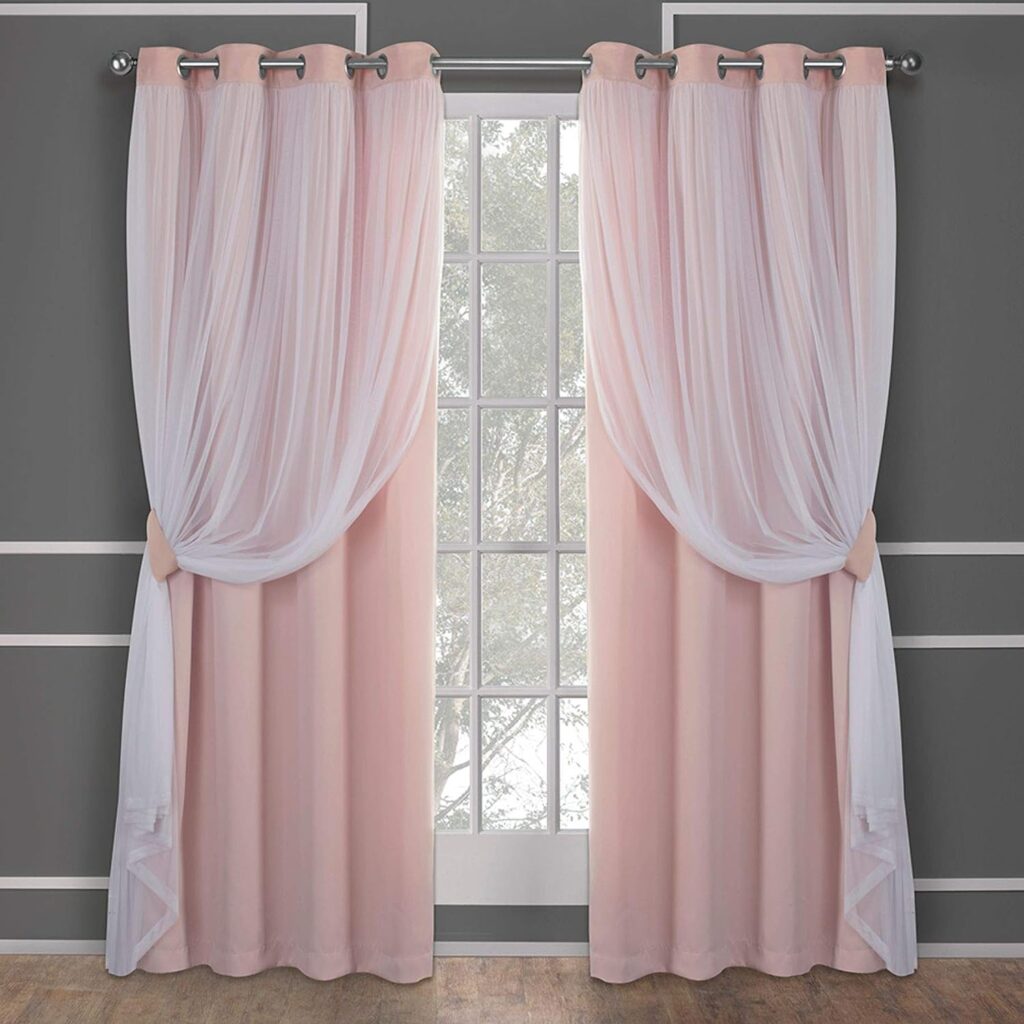 Exclusive Home Catarina Layered Solid Room Darkening Blackout and Sheer Grommet Top Curtain Panel Pair, 52x84, Rose Blush