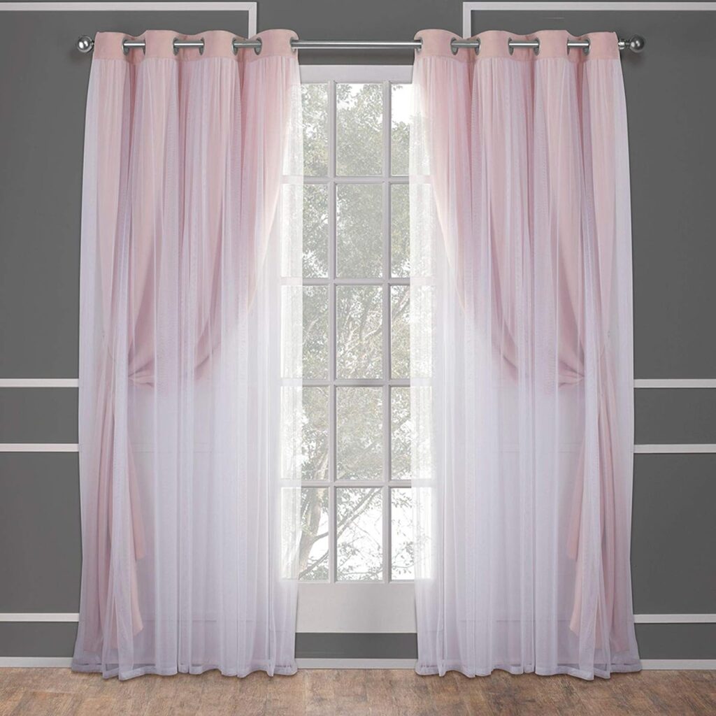 Exclusive Home Catarina Layered Solid Room Darkening Blackout and Sheer Grommet Top Curtain Panel Pair, 52x84, Rose Blush