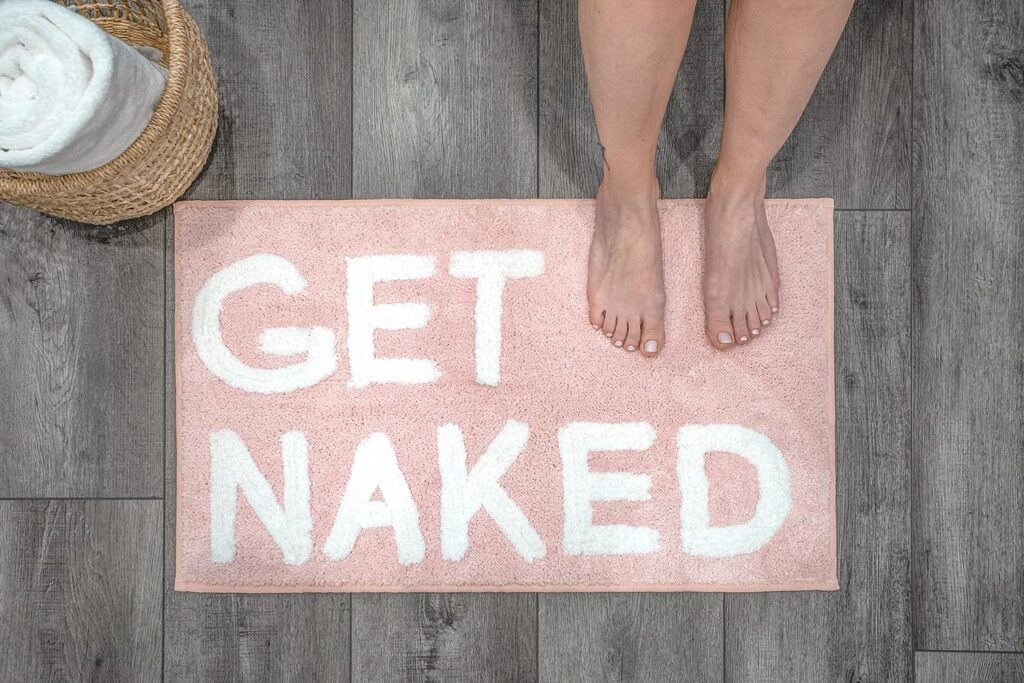 Get Naked Bath Mat - Pink Get Naked Rug - Shower Curtain Set - Funny Bathroom Decor Signs - Peach Bathroom Rugs - Cute Fun Bath Mat - Cool Bathroom Stuff - Blush Pink Bathroom Accessories - Washable