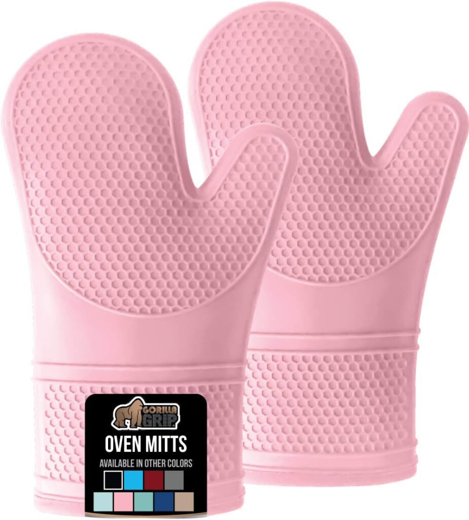 Gorilla Grip Heat and Slip Resistant Silicone Oven Mitts Set, Soft Cotton Lining, Waterproof, BPA-Free, Long Flexible Thick Gloves for Cooking, BBQ, Kitchen Mitt Potholders, 12.5 in, Pink