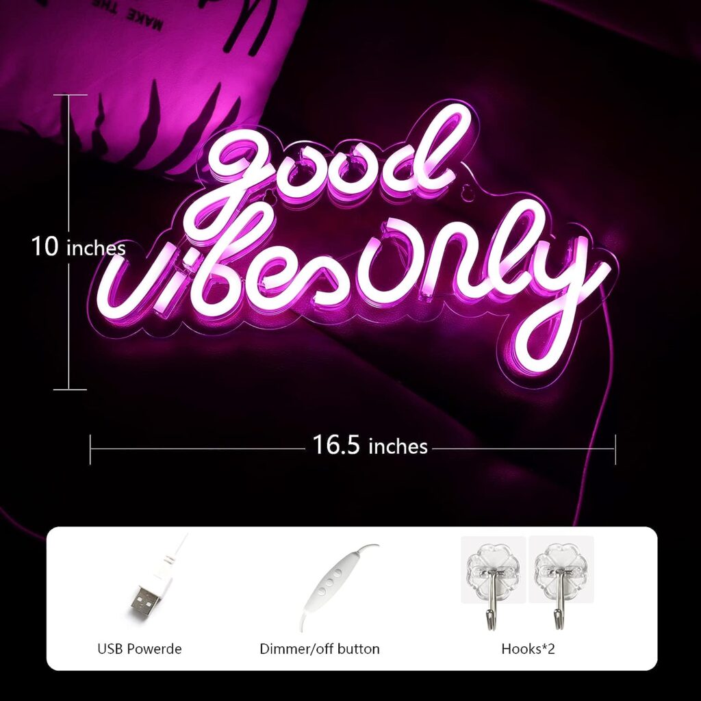 JFLLamp Good Vibes Only Neon Signs for Wall Decor Neon Lights for Bedroom Led Signs Suitable for Living Room Beer Bar Game Room Hotel Birthday Party Restaurant Christmas Led Art Wall Decorative Lights Unique Gift for Lover, 16.5*10 Inch(Pink)