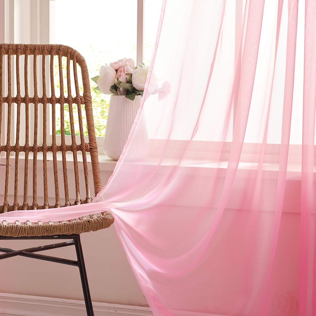 KEQIAOSUOCAI 2 Pieces Pink Sheer Curtains 84 Inch Length for Girls Kid Nursery Room Bed Canopy - Rod Pocket Sheer Voile Curtain Panels for Wedding Party Backdrop Bedroom Living Room, 52Wx84L