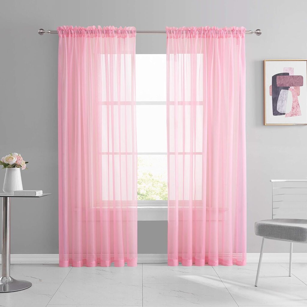 KEQIAOSUOCAI 2 Pieces Pink Sheer Curtains 84 Inch Length for Girls Kid Nursery Room Bed Canopy - Rod Pocket Sheer Voile Curtain Panels for Wedding Party Backdrop Bedroom Living Room, 52Wx84L