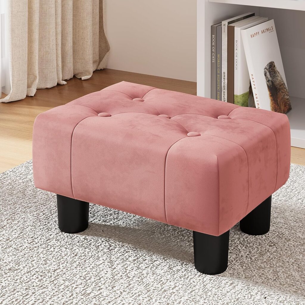 LUE BONA Small Foot Stool Ottoman, Velvet Tufted Footrest with Plastic Legs, 9H, Rectangle Foot Stools for Adult with Non-Slip Pads, Footstool for Living Room,Couch, Pink