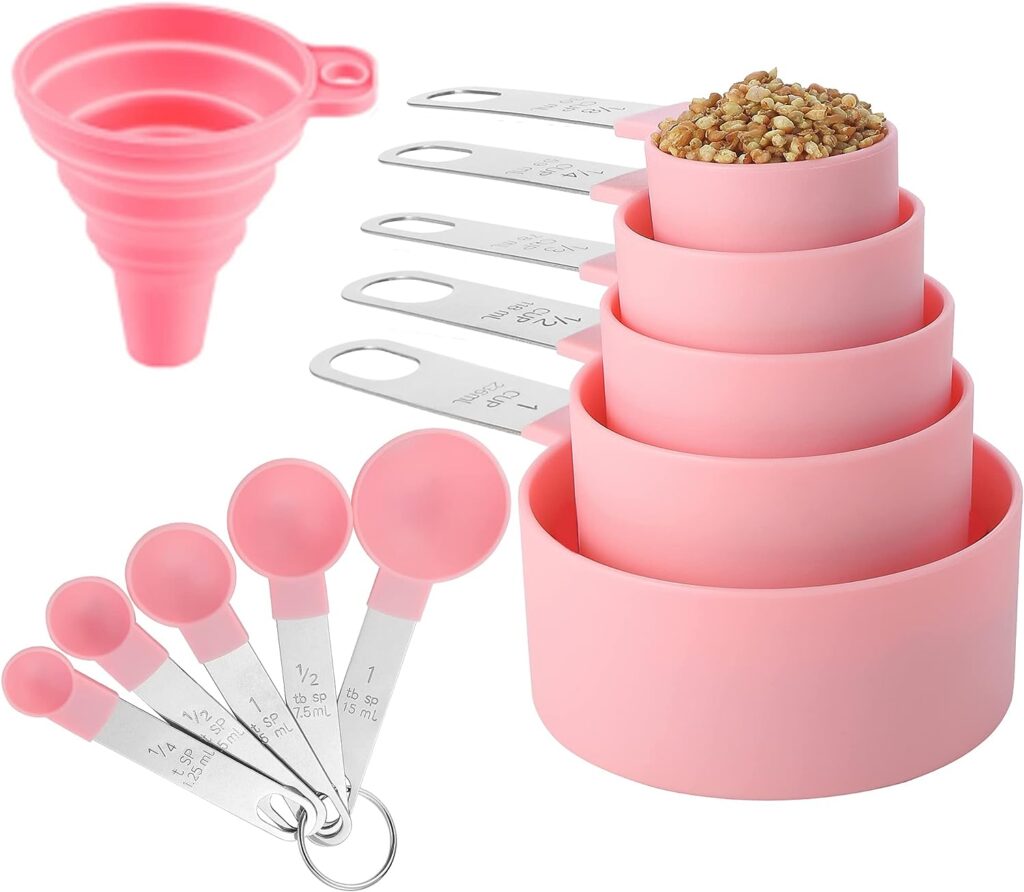Measuring Cups and Spoons Set of Huygens Kitchen Gadgets 10 Pieces, Stackable Stainless Steel Handle Measuring Cups for Measuring Dry and Liquid Ingredient (Pink)