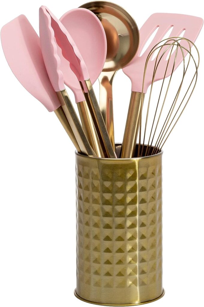 Paris Hilton Kitchen Set Tool Crock with Silicone Cooking Utensils, Stainless Steel Whisk and Ladle, 7-Piece, Pink and Gold