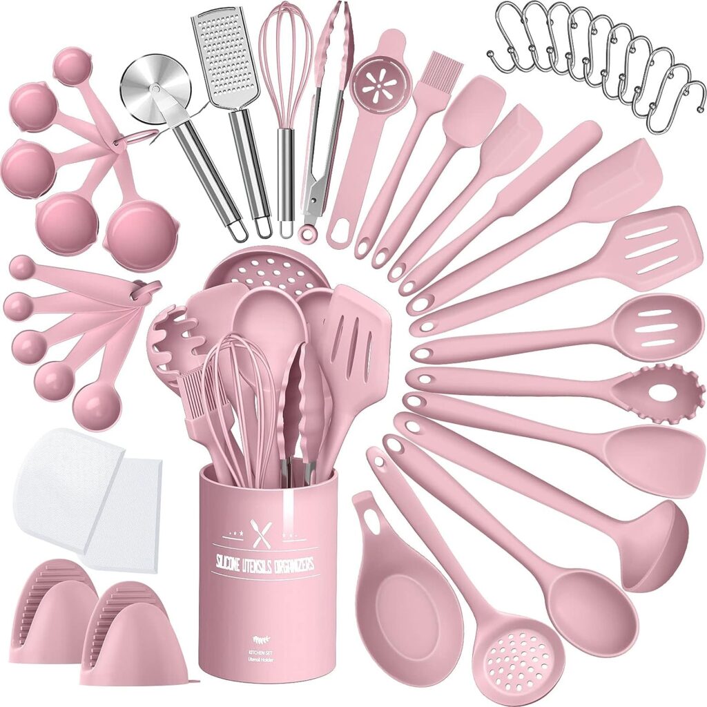 Silicone Cooking Kitchen Utensil Set, AIKKIL 43 Pcs Pink Cooking Utensils Set, Turner, Tongs, Spoon, Spatula, Kitchen Gadgets Tools Set For Nonstick Cookware, Heat Resistant (Dishwasher, BPA Free)