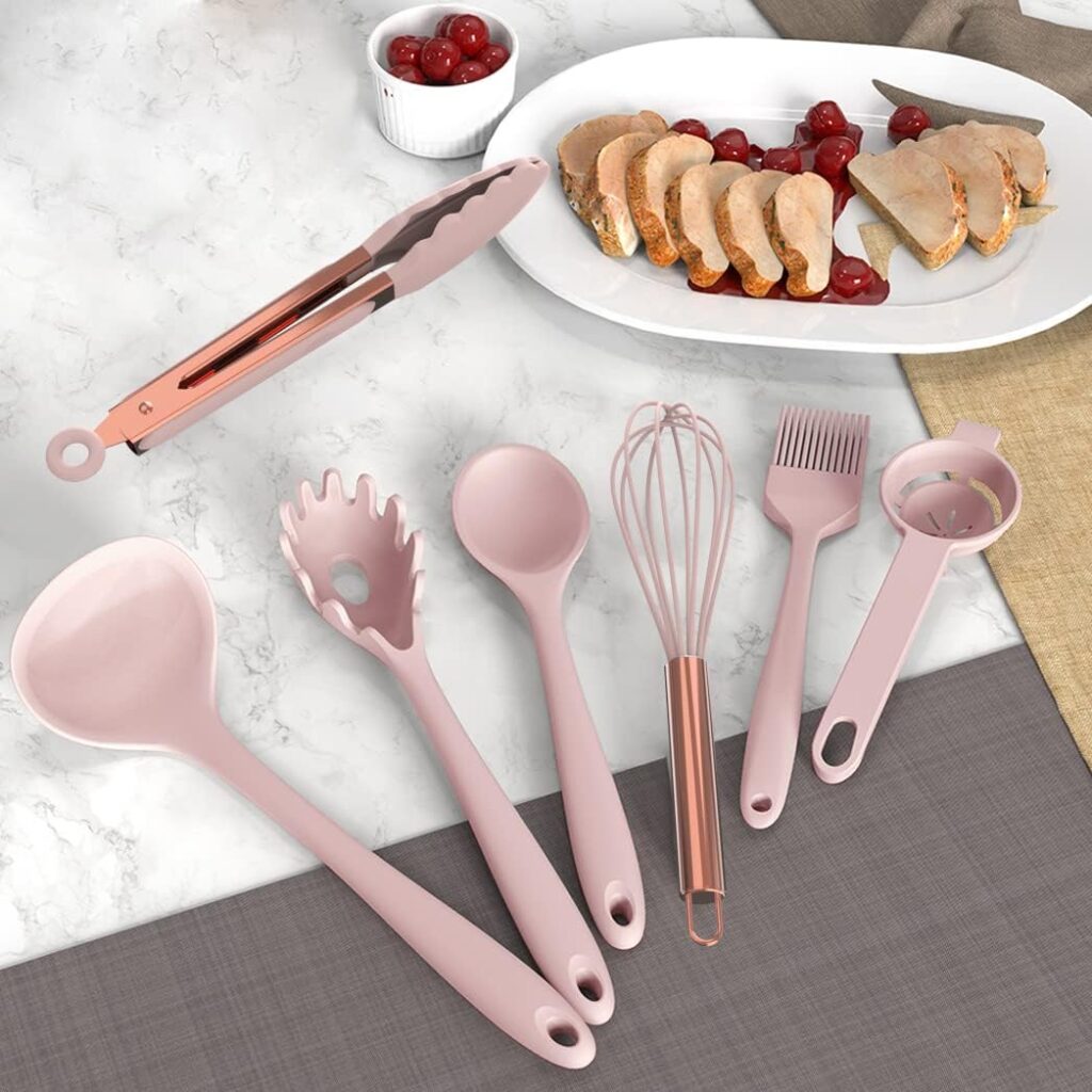 Silicone Cooking Utensils Set - 446°F Heat Resistant Kitchen Utensils,Turner Tongs,Spatula,Spoon,Brush,Whisk,Kitchen Utensil Gadgets Tools Set for Nonstick Cookware,Dishwasher Safe Pink (BPA Free)